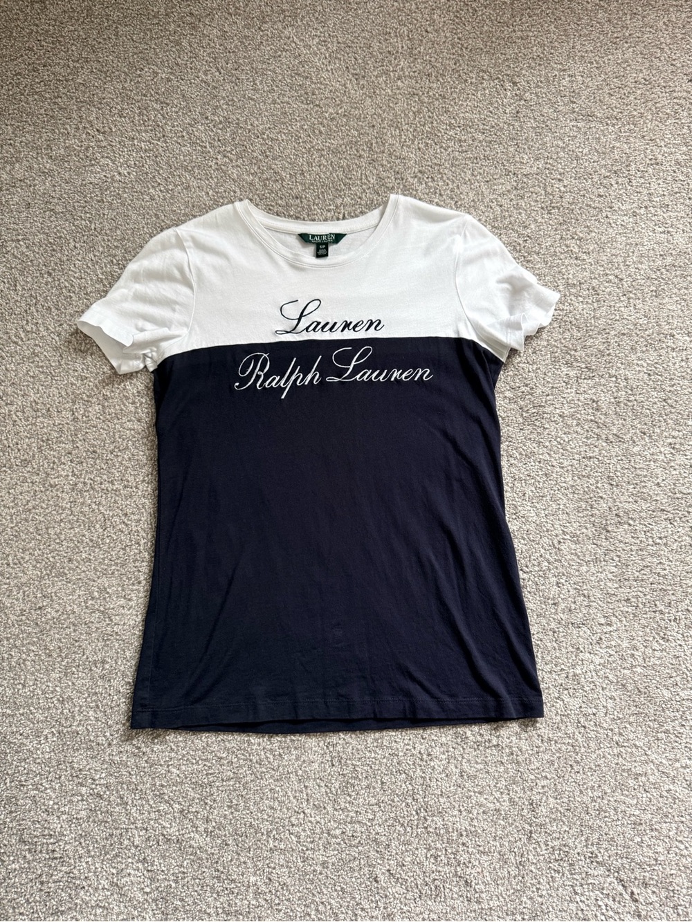 Ralph Lauren White and Navy Script Logo Colorblock Tee